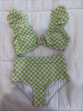 Green Gingham High-Waist Bikini Set - Flounce Shoulder Top